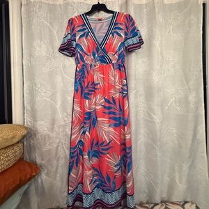 Flying Tomato Coral and Blue Leaf Maxi Dress